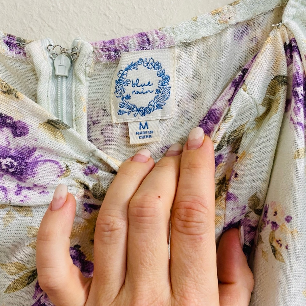 Blue Rain Cream Floral Square-Neck Puff Sleeve Mini Dress Medium - Picture 2 of 7